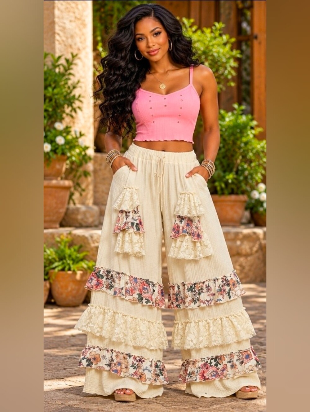 NEW!! POL Boho Cream Floral Tiered Ruffle Pants, NWT